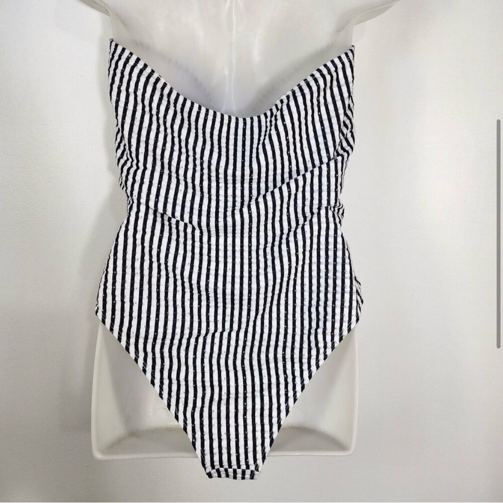 One Piece Swimsuit Large Striped Black Cut Out Tie Front Bandeau Sleeveless